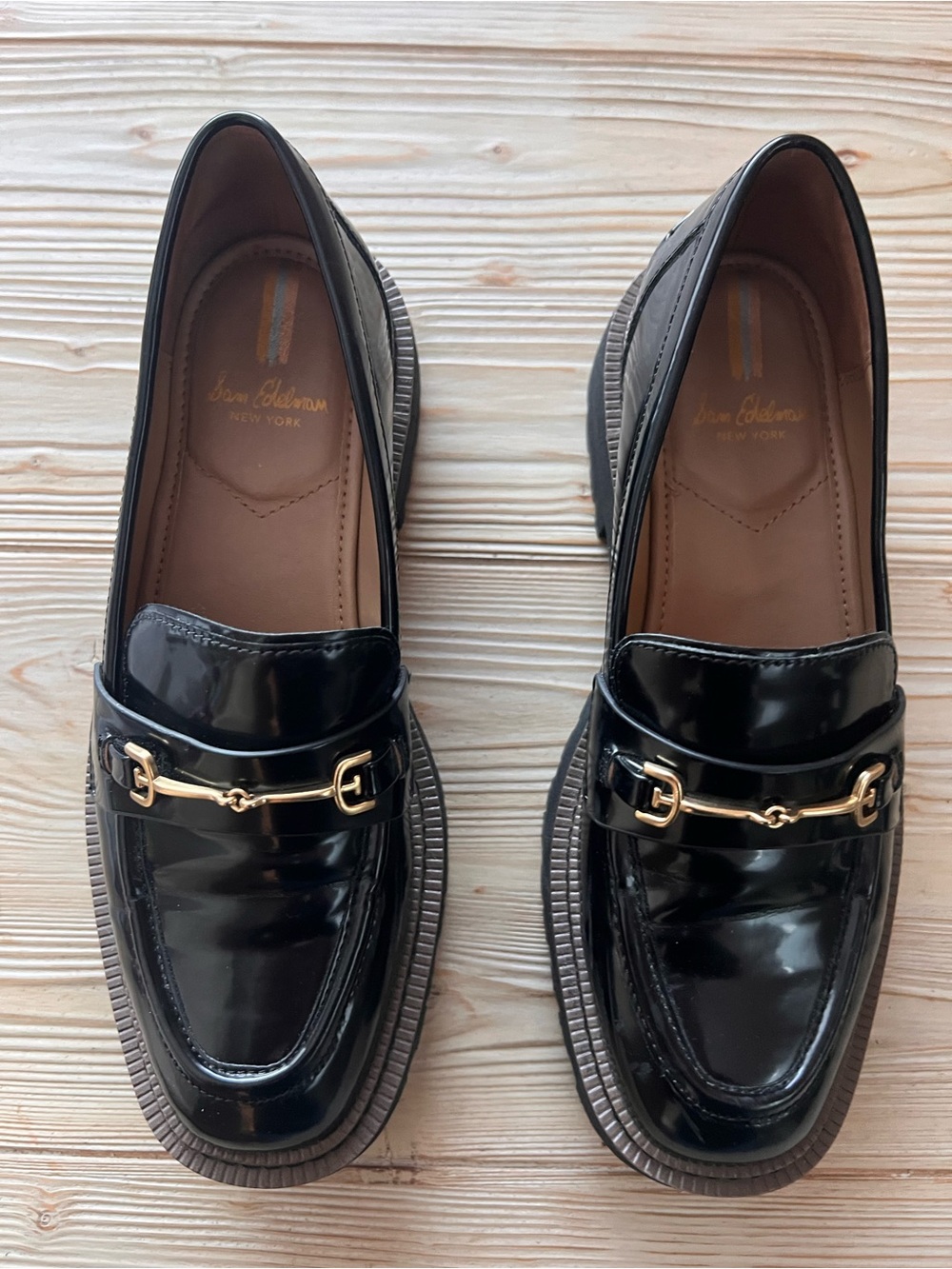 Sam Edelman Lug Sole Loafers Black Patent Horsebit Size 7.5